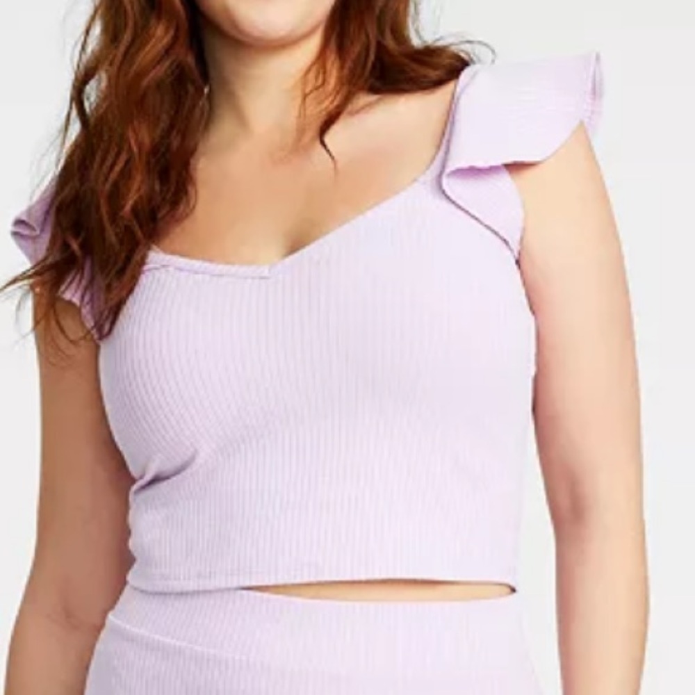 Bar III Women’s XL Lavender Ribbed V-Neck Flutter Sleeve Crop Top